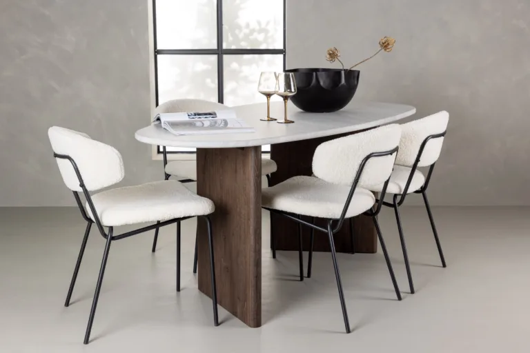 Ovaalne söögilauakomplekt Grönvik lauaga ja valge buklee kangaga Chico toolidega (MDF, mokk, 180x75cm) - GR23495