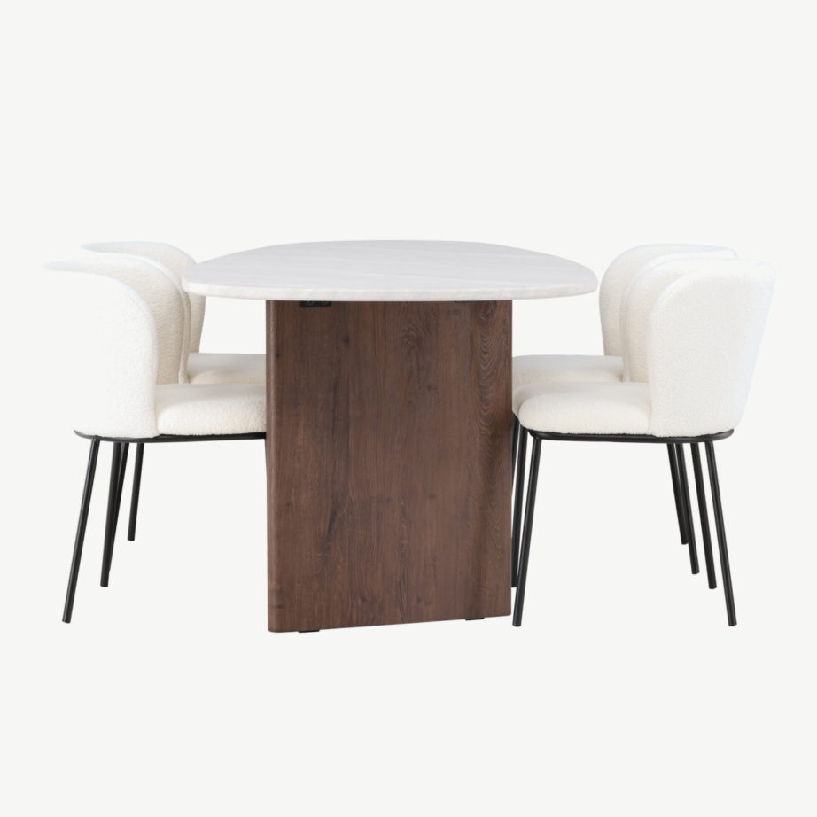 Ovaalne söögilauakomplekt Grönvik laud ja valge buklee kangaga Edina toolid, GR23497 – 3