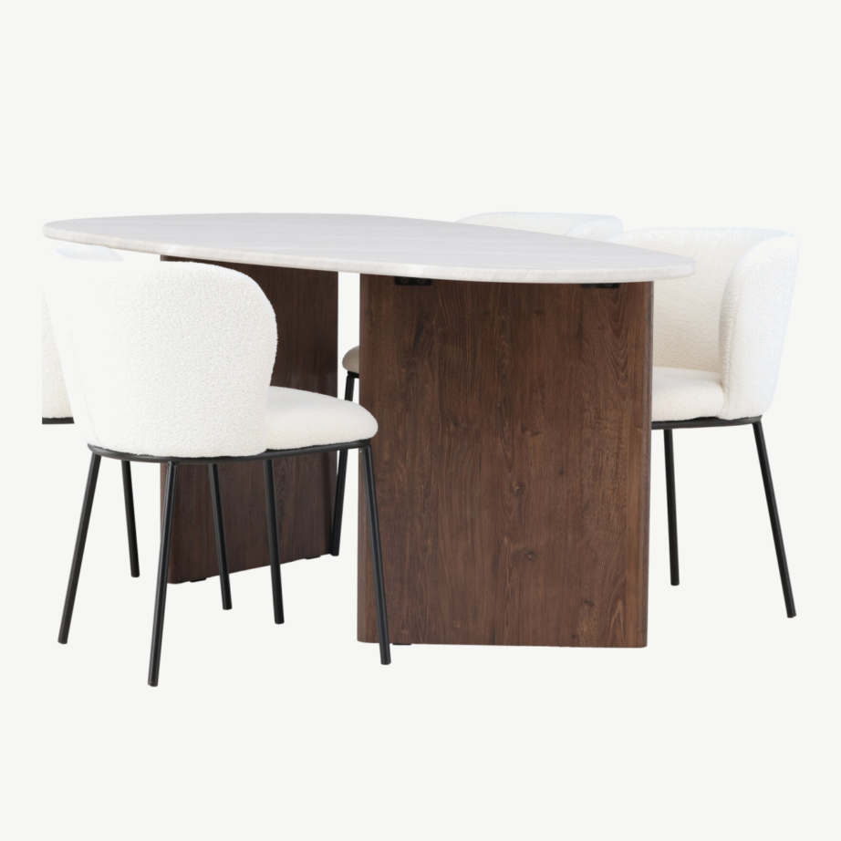 Ovaalne söögilauakomplekt Grönvik laud ja valge buklee kangaga Edina toolid, GR23497 – 4