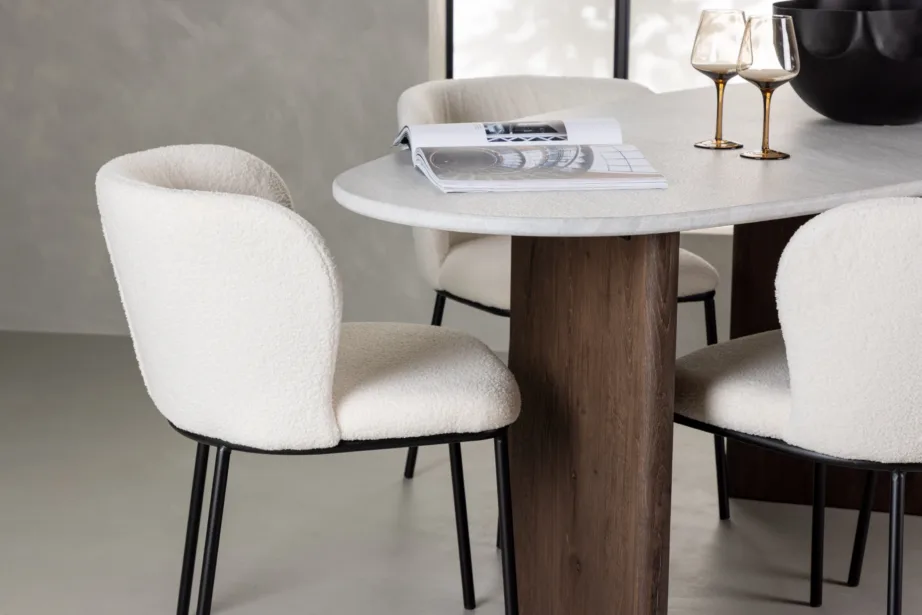 Ovaalne söögilauakomplekt Grönvik laud ja valge buklee kangaga Edina toolid, GR23497 – 6