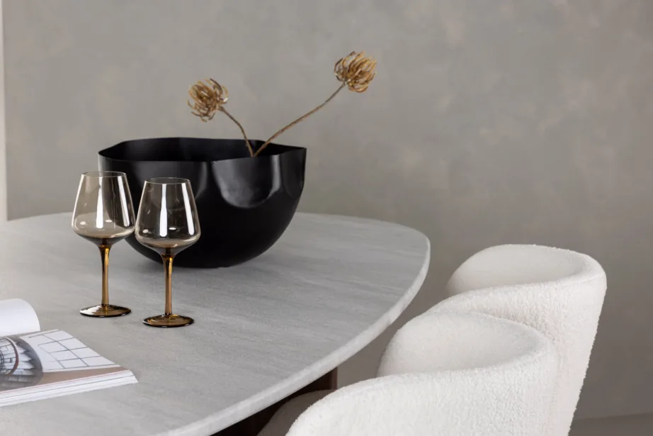 Ovaalne söögilauakomplekt Grönvik laud ja valge buklee kangaga Edina toolid, GR23497 – 7