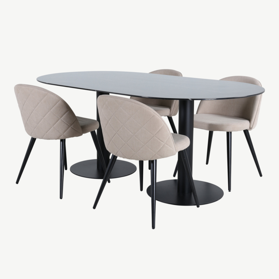 Ovaalne söögilauakomplekt Pillan – must marmorklaas ja beežid polsterdatud toolid, GR22373 – 2
