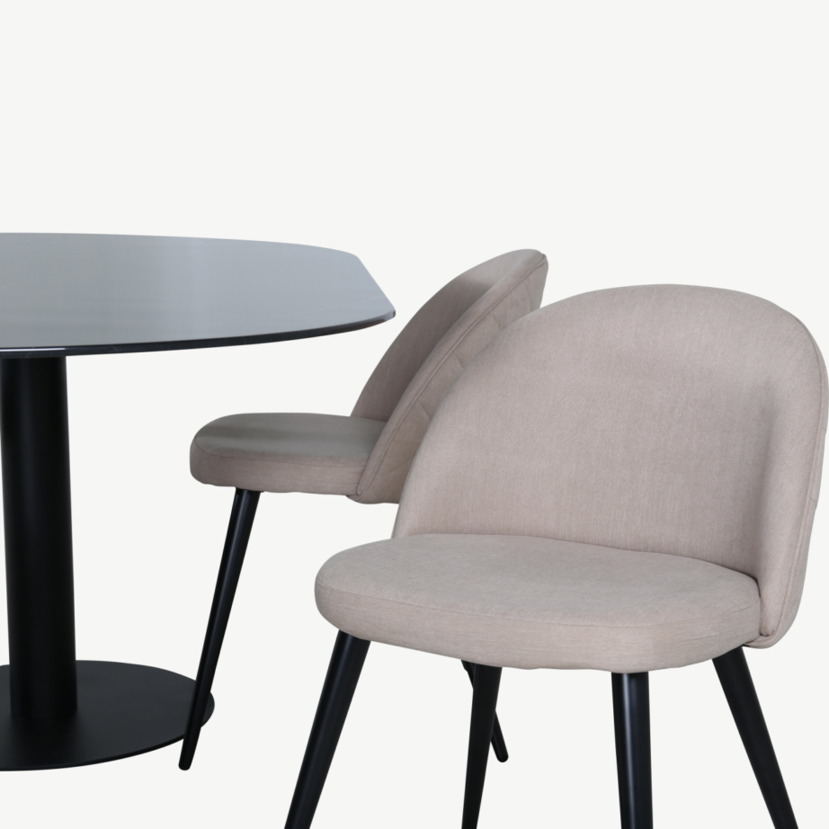 Ovaalne söögilauakomplekt Pillan – must marmorklaas ja beežid polsterdatud toolid, GR22373 – 4