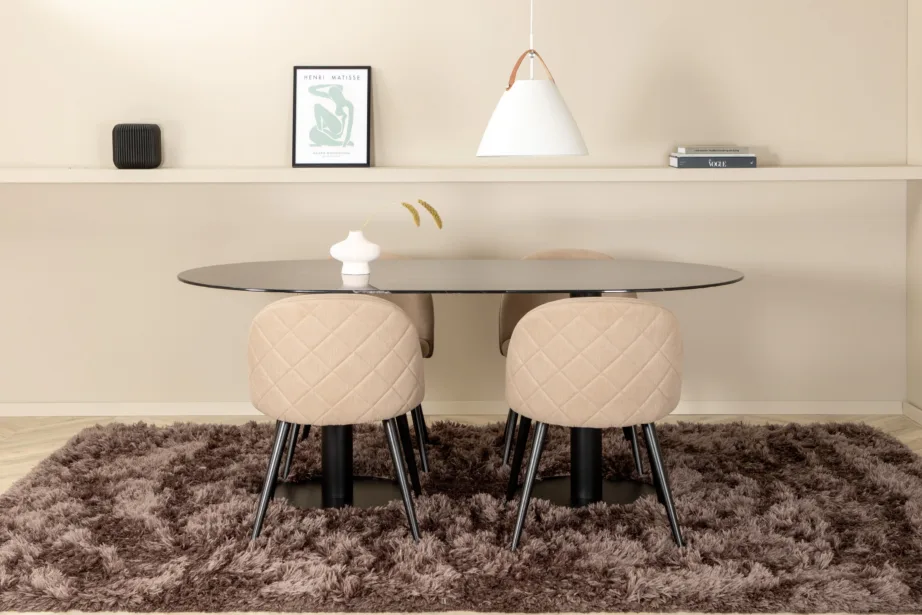 Ovaalne söögilauakomplekt Pillan – must marmorklaas ja beežid polsterdatud toolid, GR22373 – 5