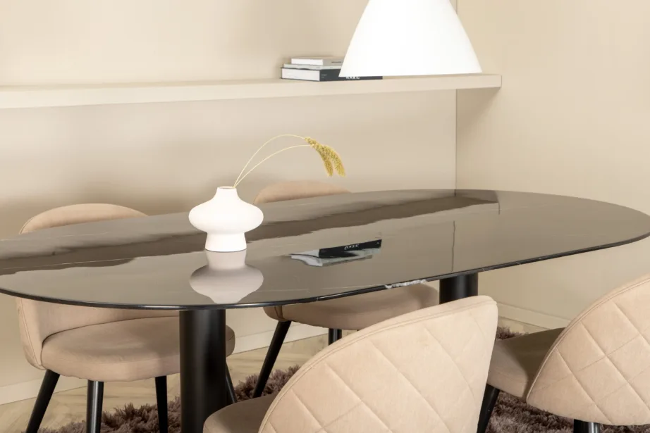 Ovaalne söögilauakomplekt Pillan – must marmorklaas ja beežid polsterdatud toolid, GR22373 – 10