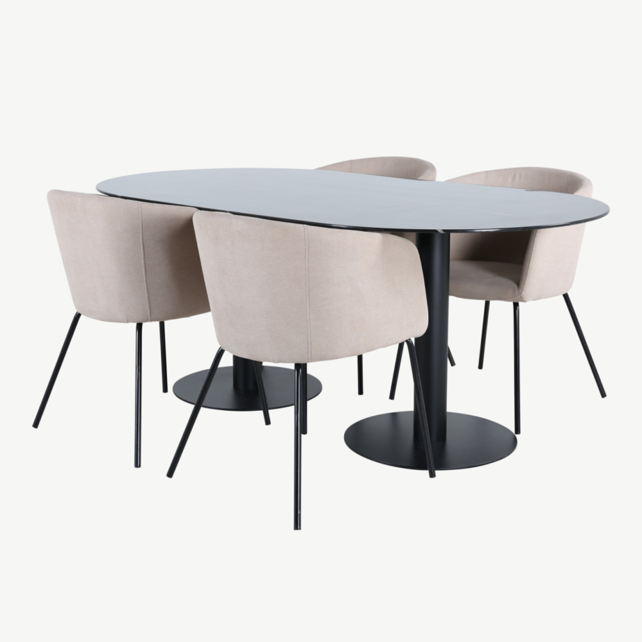 Ovaalne söögilauakomplekt Pillan (must klaas, 4 beeži polsterdatud tooli Berit), GR22364 – 2