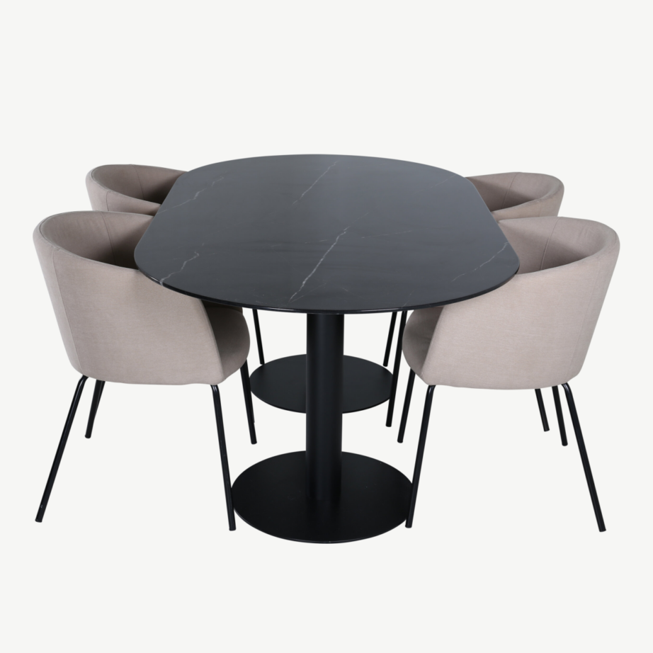 Ovaalne söögilauakomplekt Pillan (must klaas, 4 beeži polsterdatud tooli Berit), GR22364 – 3