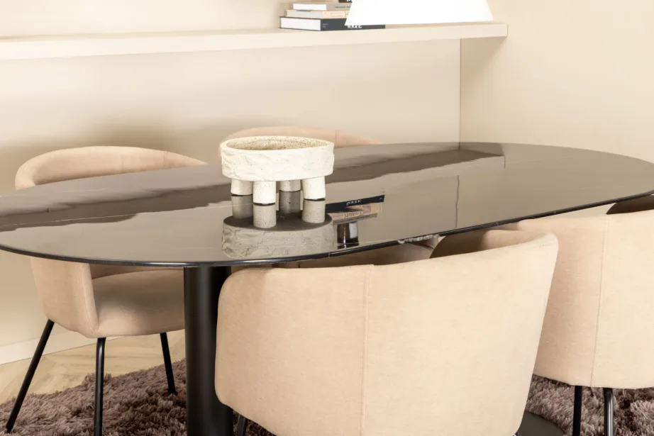 Ovaalne söögilauakomplekt Pillan (must klaas, 4 beeži polsterdatud tooli Berit), GR22364 – 10