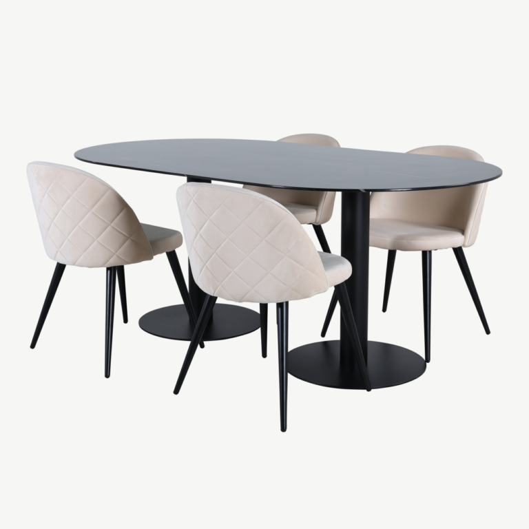 Ovaalne söögilauakomplekt Pillan (must klaas, 4 beeži sametist tooli) - GR22375