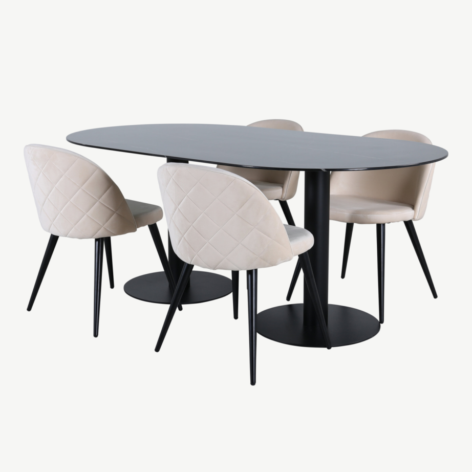Ovaalne söögilauakomplekt Pillan (must klaas, 4 beeži sametist tooli), GR22375 – 2