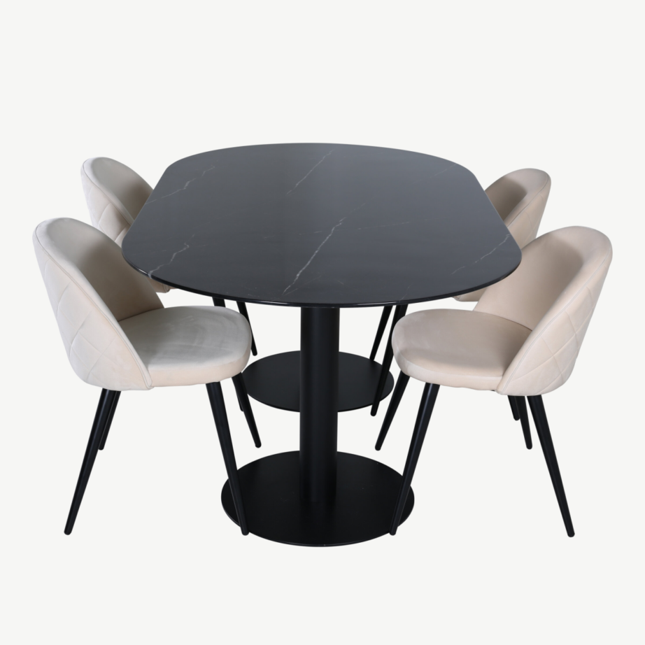 Ovaalne söögilauakomplekt Pillan (must klaas, 4 beeži sametist tooli), GR22375 – 3