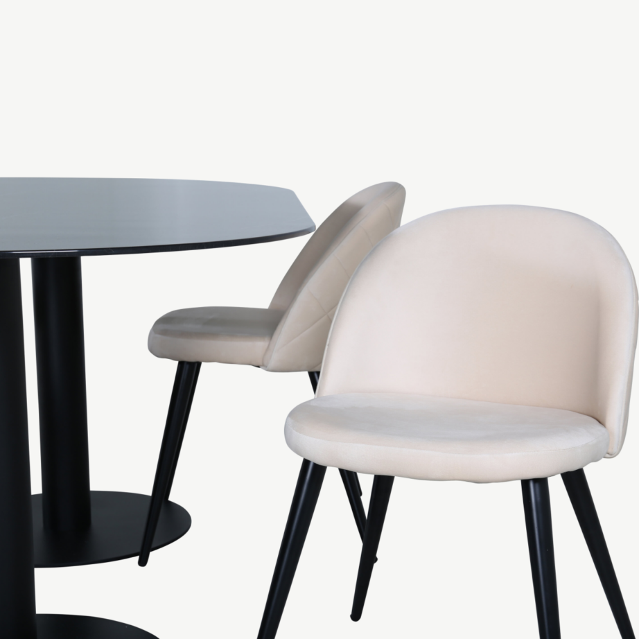 Ovaalne söögilauakomplekt Pillan (must klaas, 4 beeži sametist tooli), GR22375 – 4