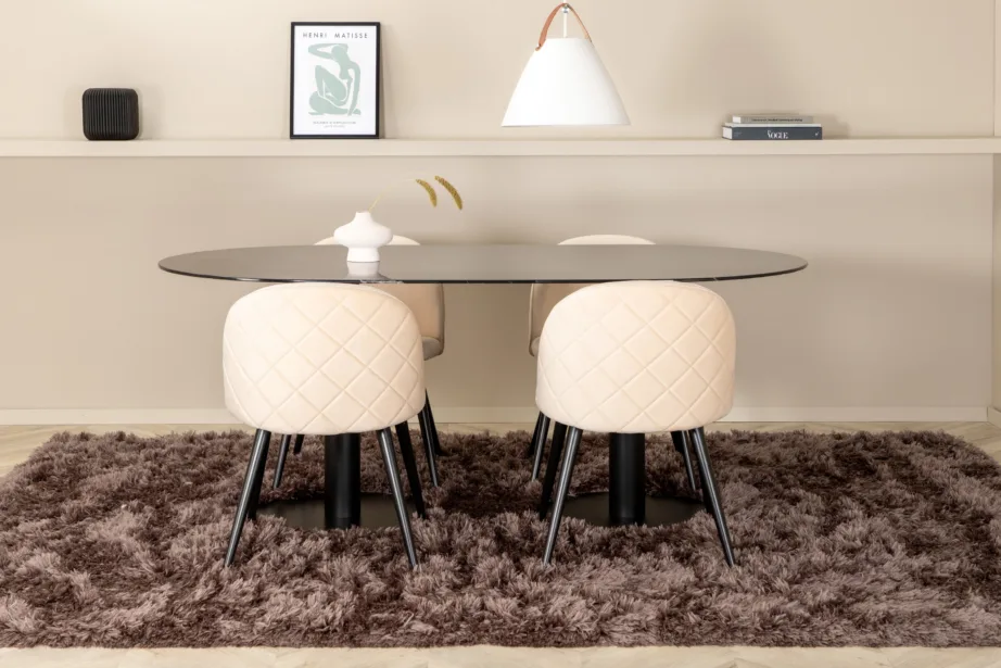 Ovaalne söögilauakomplekt Pillan (must klaas, 4 beeži sametist tooli), GR22375 – 5