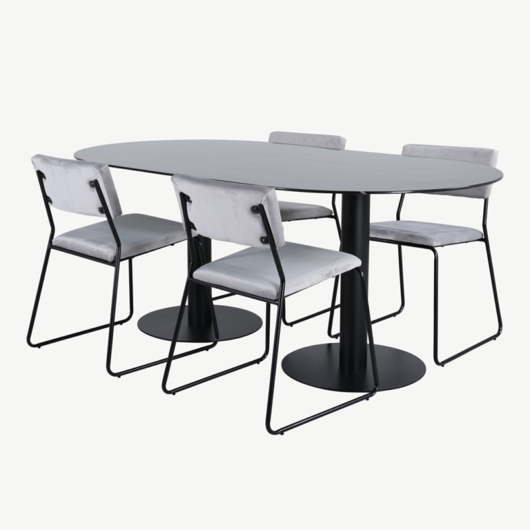 Ovaalne söögilauakomplekt Pillan (must klaas, hall samet, 4 tooli) - GR22369