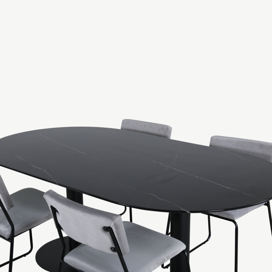 Ovaalne söögilauakomplekt Pillan (must klaas, hall samet, 4 tooli), GR22369