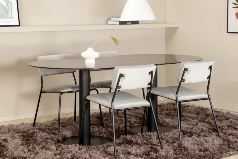 Ovaalne söögilauakomplekt Pillan (must klaas, hall samet, 4 tooli) - GR22369