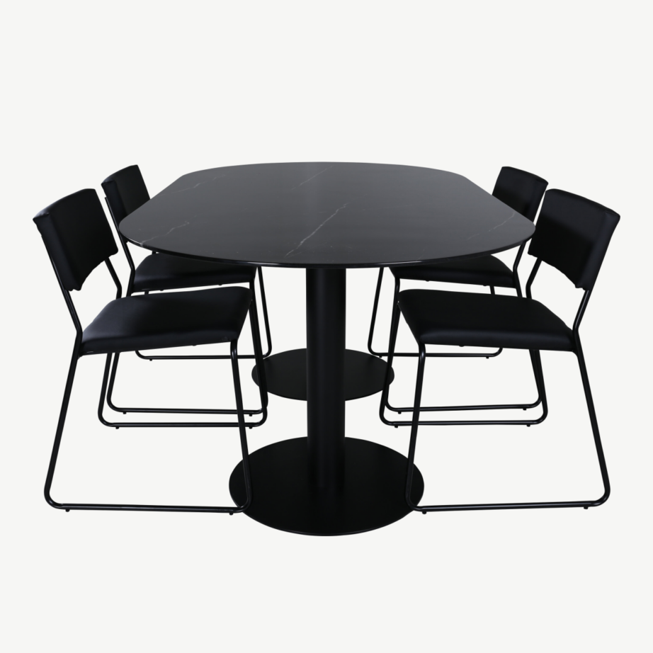 Ovaalne söögilauakomplekt Pillan (must klaaspind, 4 Kenth kunstnahast tooli), GR22133 – 2