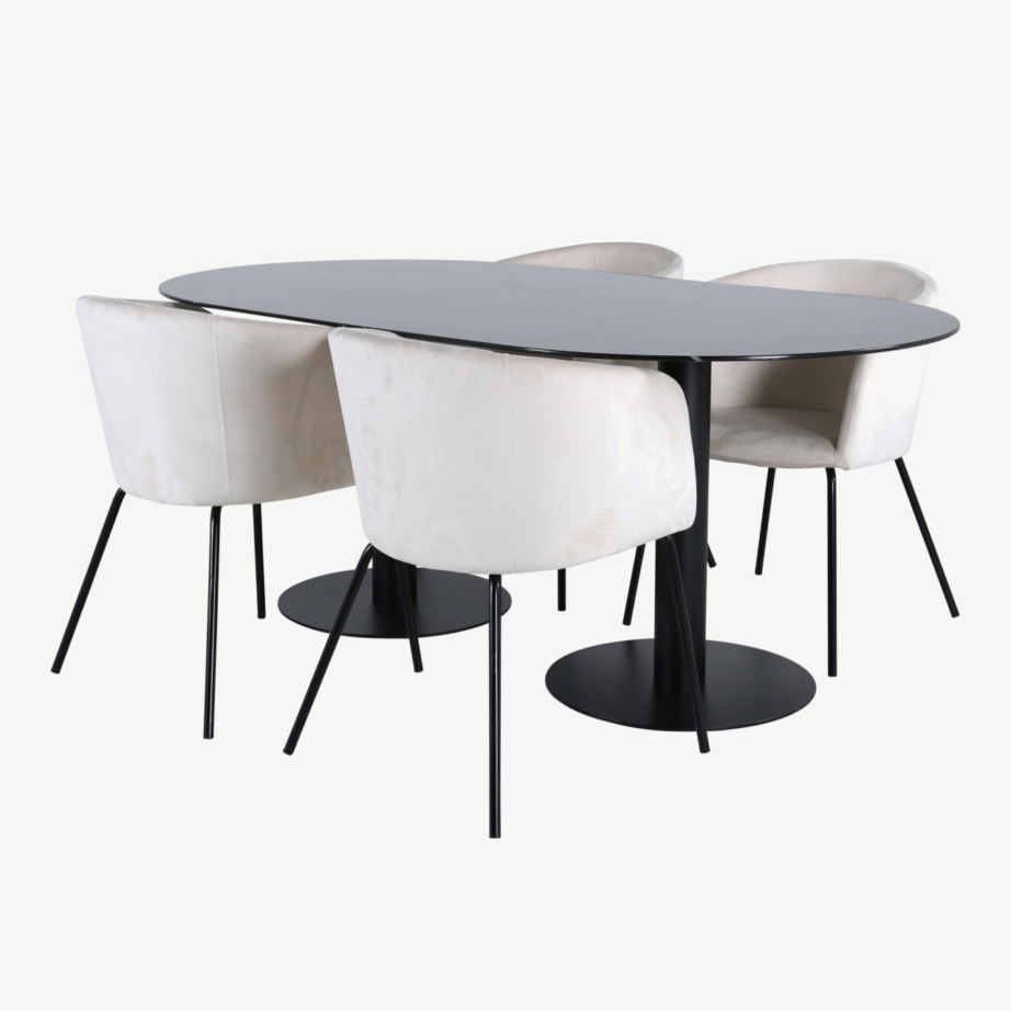 Ovaalne söögilauakomplekt Pillan, must klaaspind ja beežid sametist toolid, GR22365 – 2