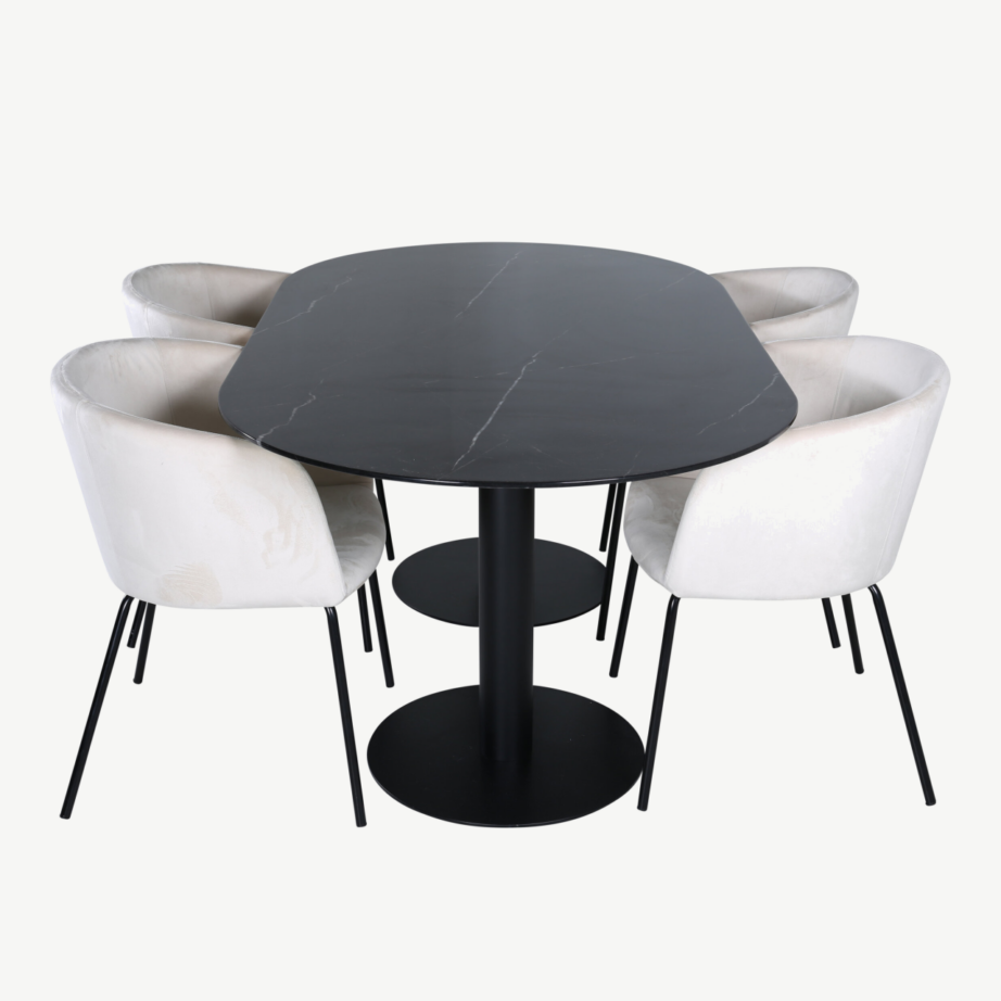 Ovaalne söögilauakomplekt Pillan, must klaaspind ja beežid sametist toolid, GR22365 – 3