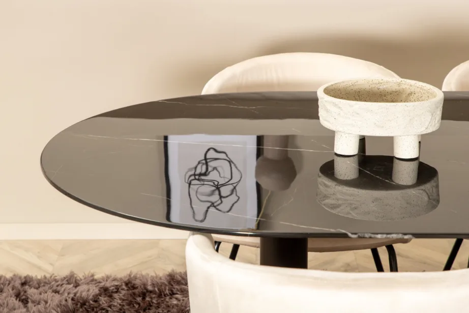 Ovaalne söögilauakomplekt Pillan, must klaaspind ja beežid sametist toolid, GR22365 – 9