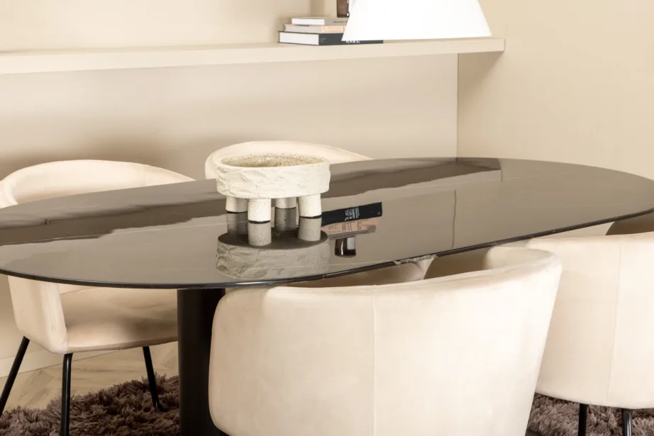 Ovaalne söögilauakomplekt Pillan, must klaaspind ja beežid sametist toolid, GR22365 – 10