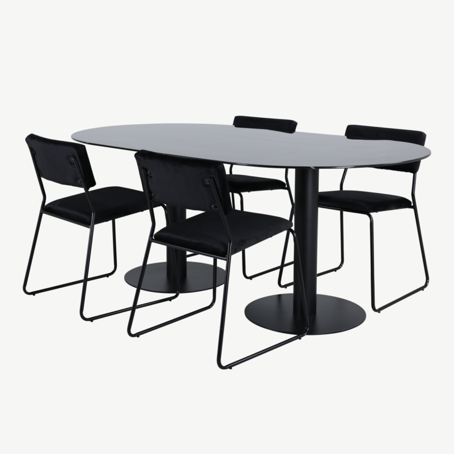 Ovaalne söögilauakomplekt Pillan (must marmorklaas, 4 musta velvetkattega tooli), GR22370 – 2