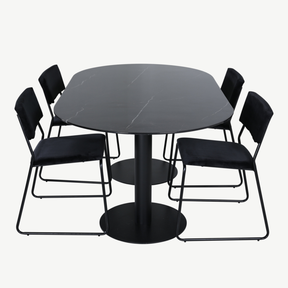 Ovaalne söögilauakomplekt Pillan (must marmorklaas, 4 musta velvetkattega tooli), GR22370 – 3