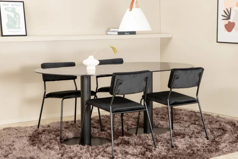Ovaalne söögilauakomplekt Pillan (must marmorklaas, 4 musta velvetkattega tooli) - GR22370