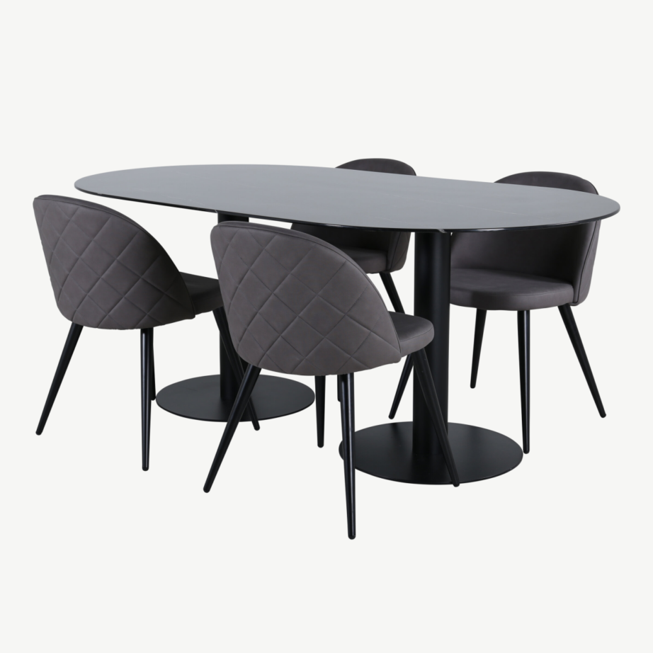 Ovaalne söögilauakomplekt Pillan (musta klaasplaadiga, hallid polsterdatud toolid), GR22374 – 2