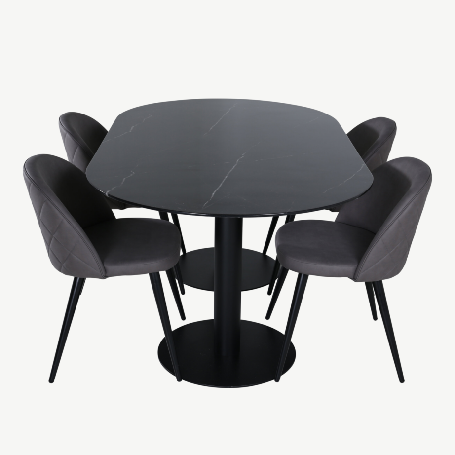 Ovaalne söögilauakomplekt Pillan (musta klaasplaadiga, hallid polsterdatud toolid), GR22374 – 3
