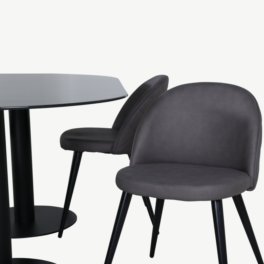 Ovaalne söögilauakomplekt Pillan (musta klaasplaadiga, hallid polsterdatud toolid), GR22374 – 4