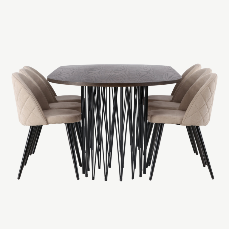 Ovaalne söögilauakomplekt Stone mokka vineeriga, mustad metalljalad ja beežid Velvet Stitches toolid - GR22818