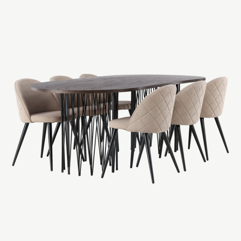 Ovaalne söögilauakomplekt Stone mokka vineeriga, mustad metalljalad ja beežid Velvet Stitches toolid - GR22818