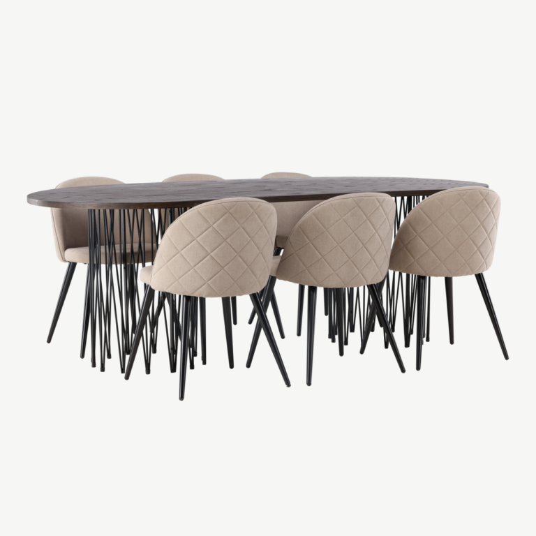 Ovaalne söögilauakomplekt Stone mokka vineeriga, mustad metalljalad ja beežid Velvet Stitches toolid - GR22818