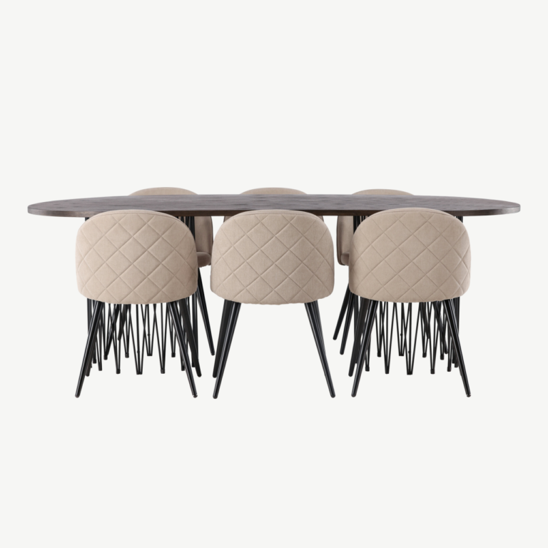 Ovaalne söögilauakomplekt Stone mokka vineeriga, mustad metalljalad ja beežid Velvet Stitches toolid - GR22818
