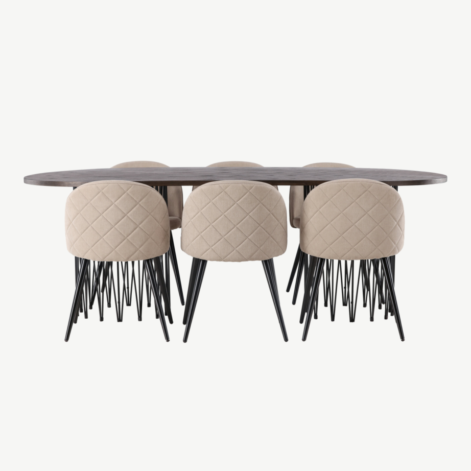 Ovaalne söögilauakomplekt Stone mokka vineeriga, mustad metalljalad ja beežid Velvet Stitches toolid, GR22818 – 5