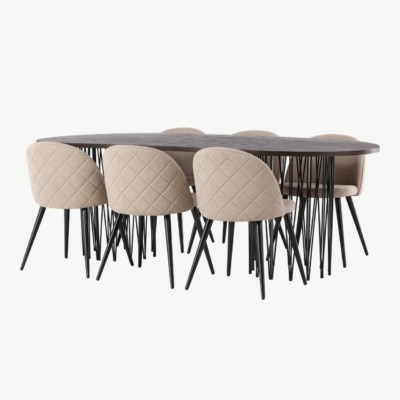 Ovaalne söögilauakomplekt Stone mokka vineeriga, mustad metalljalad ja beežid Velvet Stitches toolid - GR22818
