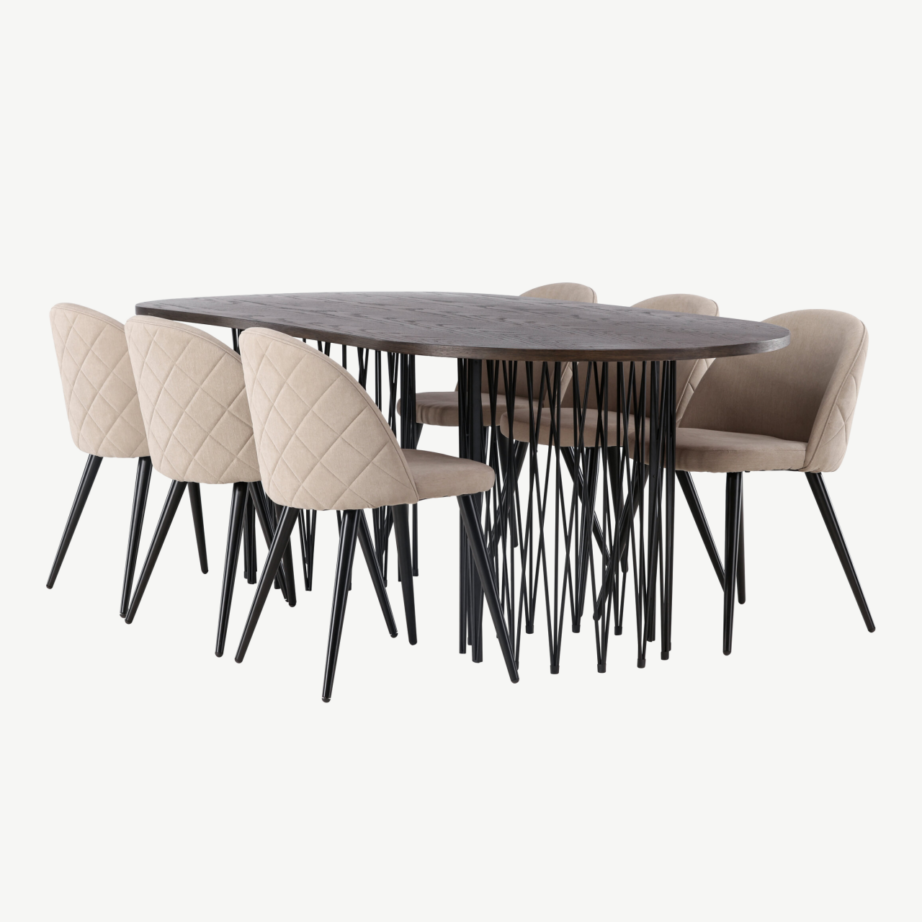 Ovaalne söögilauakomplekt Stone mokka vineeriga, mustad metalljalad ja beežid Velvet Stitches toolid, GR22818 – 6