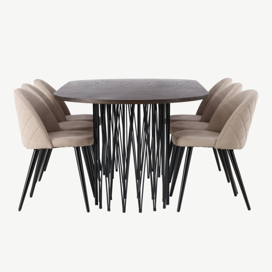 Ovaalne söögilauakomplekt Stone mokka vineeriga, mustad metalljalad ja beežid Velvet Stitches toolid, GR22818 – 7