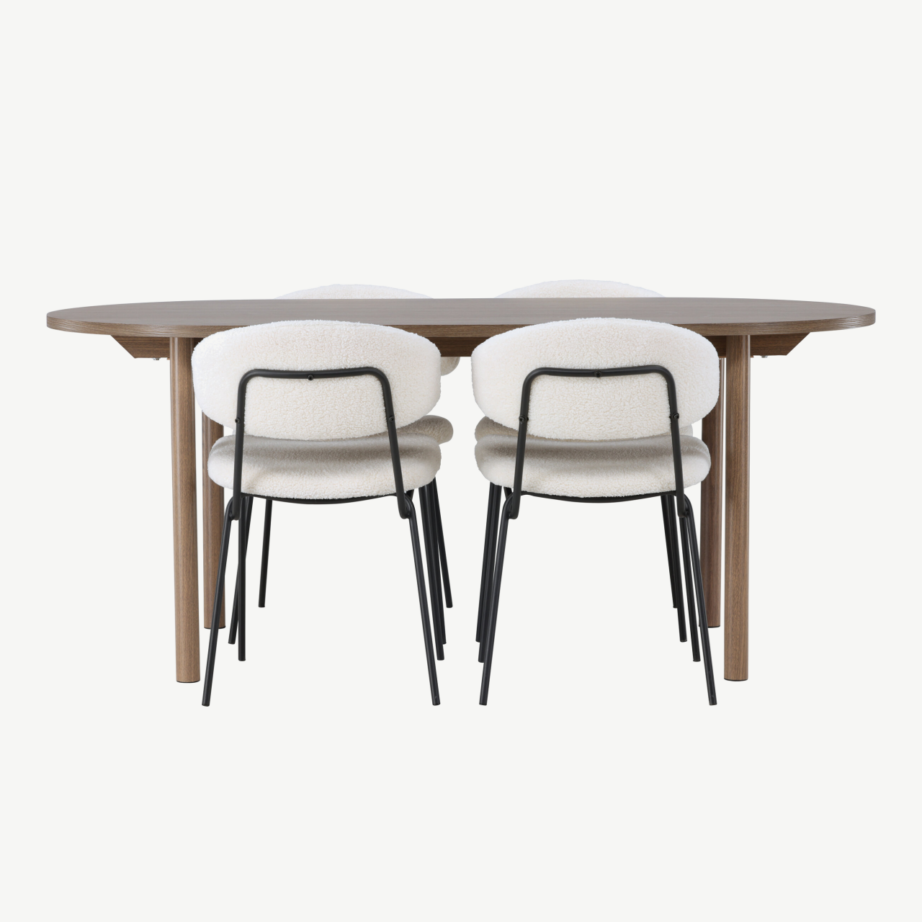 Ovaalne söögilaud Andy ja valged buklee kangaga terastoolid Chico, GR23680 – 2