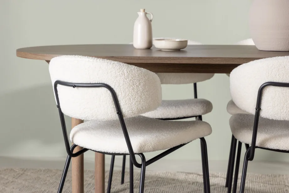 Ovaalne söögilaud Andy ja valged buklee kangaga terastoolid Chico, GR23680 – 5