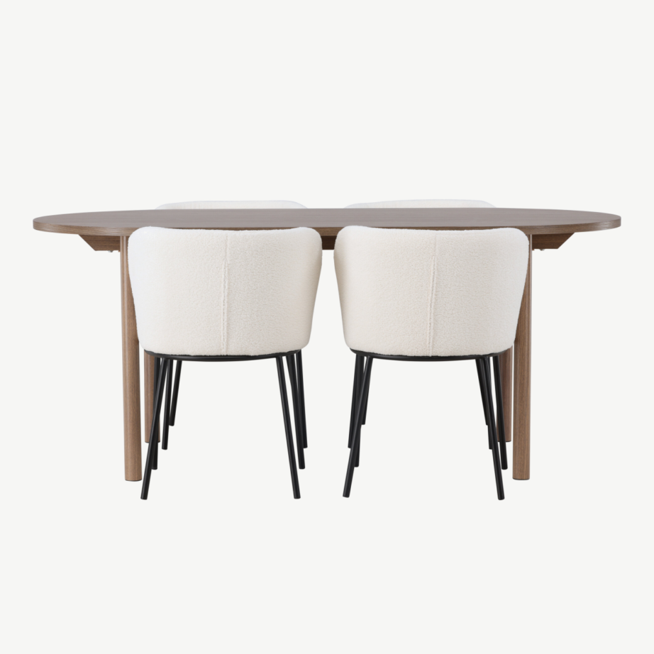 Ovaalne söögilaud Andy ja valged bukleetoolid Edina (MDF, metalljalad, 4 tooli), GR23668 – 2