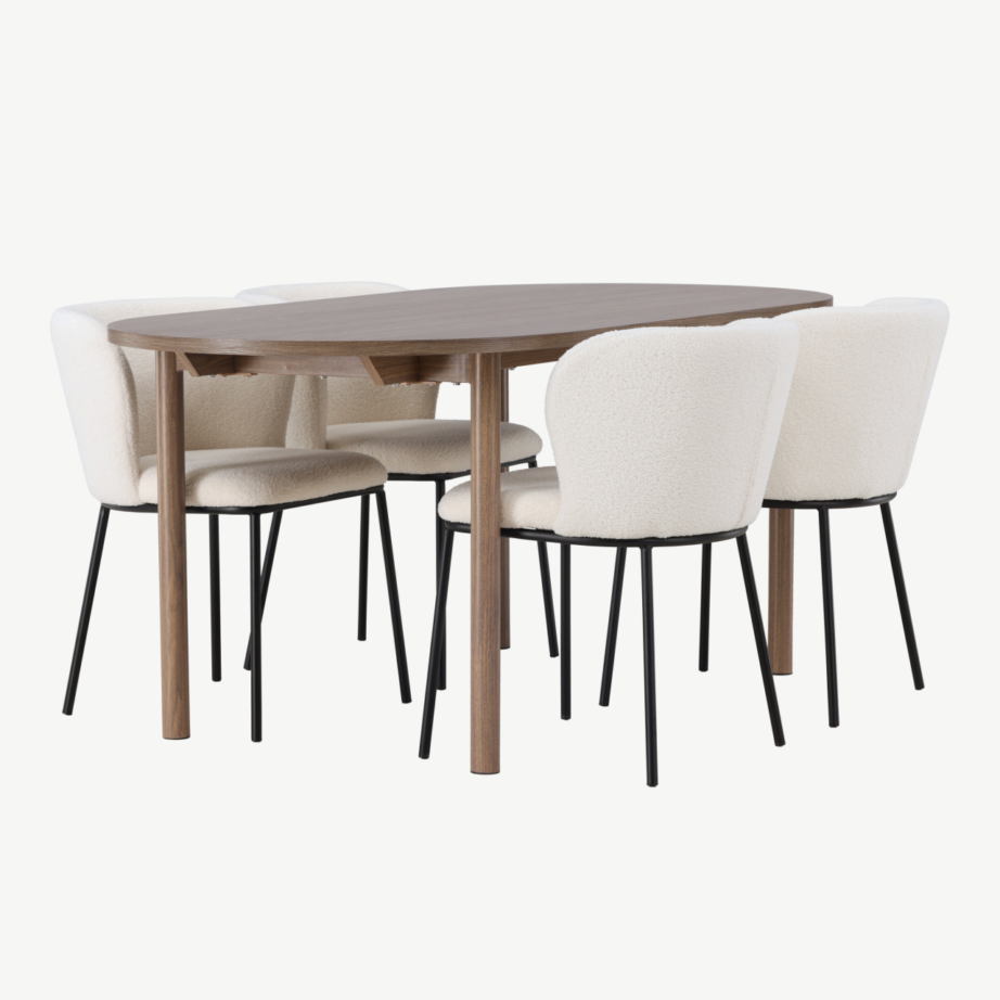 Ovaalne söögilaud Andy ja valged bukleetoolid Edina (MDF, metalljalad, 4 tooli), GR23668