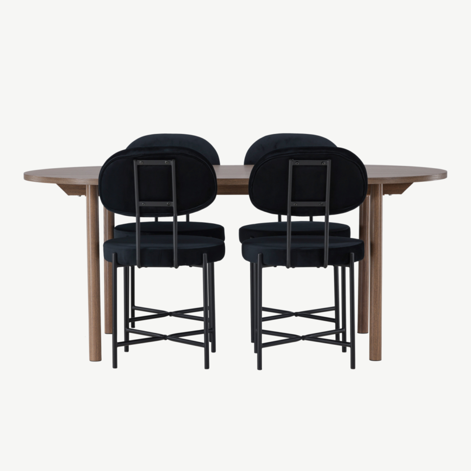 Ovaalne söögilaud Andy loodusliku viimistlusega ja mustast sametist Stella tool, GR23673 – 2