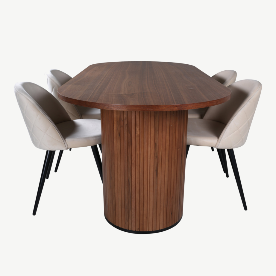 Ovaalne söögilaud Bianca ja velvetkattega söögitoolid (pähklivärvi, mustad jalad, beež velvet), GR22456 – 2