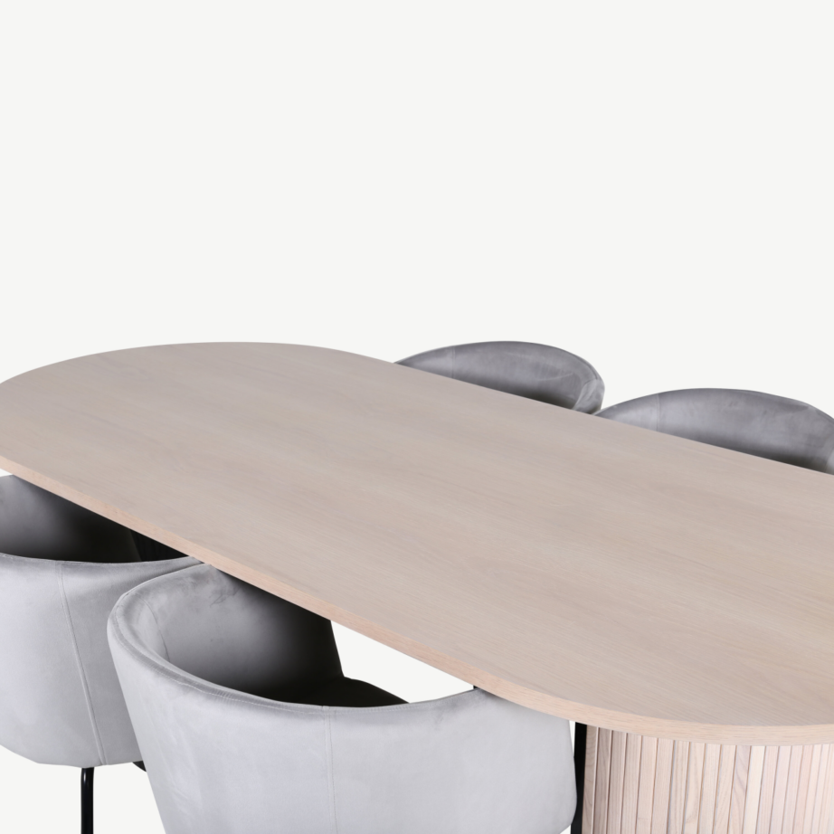 Ovaalne söögilaud Bianca valge peitsiga, 4 halli velvetist tooli Berit, GR22433 – 3