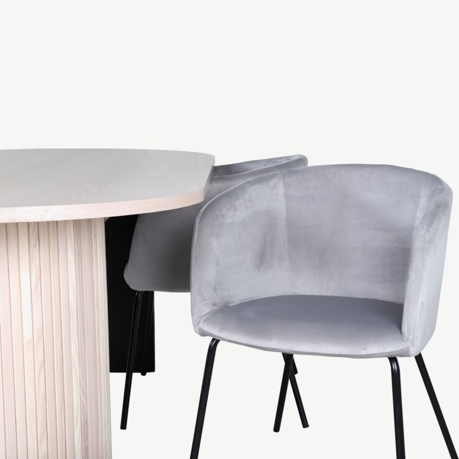 Ovaalne söögilaud Bianca valge peitsiga, 4 halli velvetist tooli Berit, GR22433 – 4