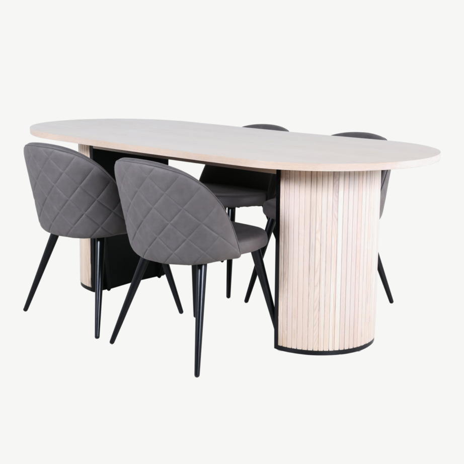 Ovaalne söögilaud Bianca valge peitsiga viimistluses ja 4 halli mikrofiibrist tooli, GR22432