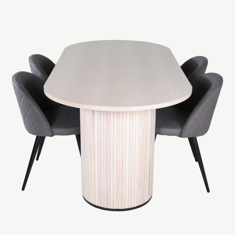 Ovaalne söögilaud Bianca valge peitsiga viimistluses ja 4 halli mikrofiibrist tooli, GR22432 – 2