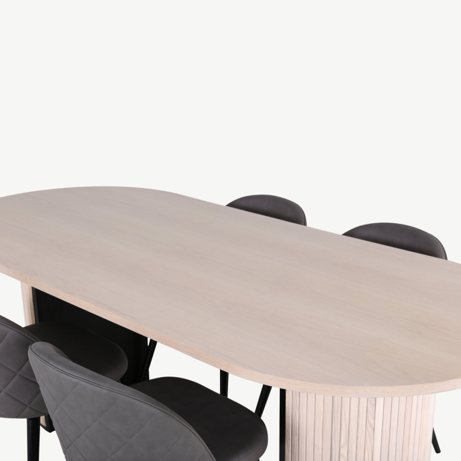 Ovaalne söögilaud Bianca valge peitsiga viimistluses ja 4 halli mikrofiibrist tooli, GR22432 – 3